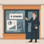 homme en costume pointant du doigt un commerce à vendre
