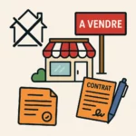 image d'un commerce avec un panneau à vendre et une maison avec une croix dessus