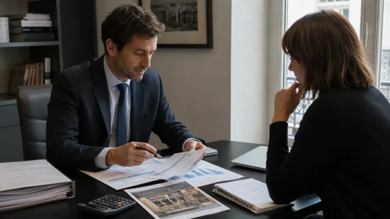 Avocat analysant les documents financiers d’un fonds de commerce avec une cliente