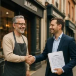 Un homme en costume avec un contrat serre la main d'un homme en tablier