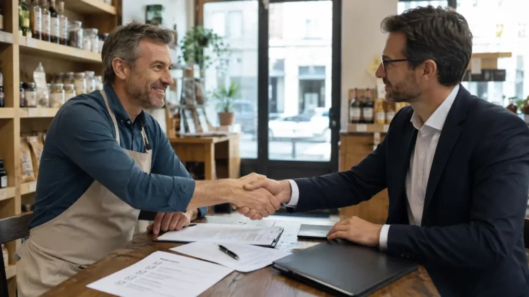 Commerçant et avocat vérifiant les documents avant la vente d’un fonds de commerce