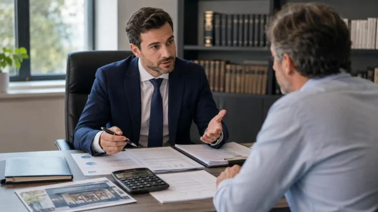 Avocat expliquant les frais d’une cession de fonds de commerce à un client