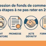 icônes et textes décrivant les étapes d'une cession de fonds de commerce