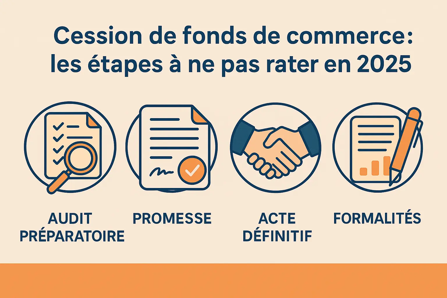 icônes et textes décrivant les étapes d'une cession de fonds de commerce