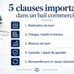 Infographie présentant 5 clauses importantes à vérifier dans un bail commercial