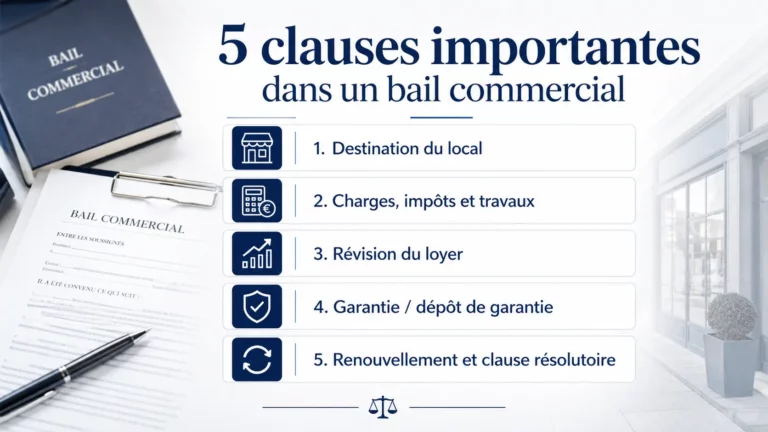 Infographie présentant 5 clauses importantes à vérifier dans un bail commercial