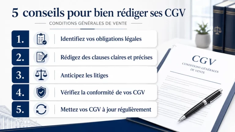 Infographie présentant 5 conseils pour bien rédiger des conditions générales de vente