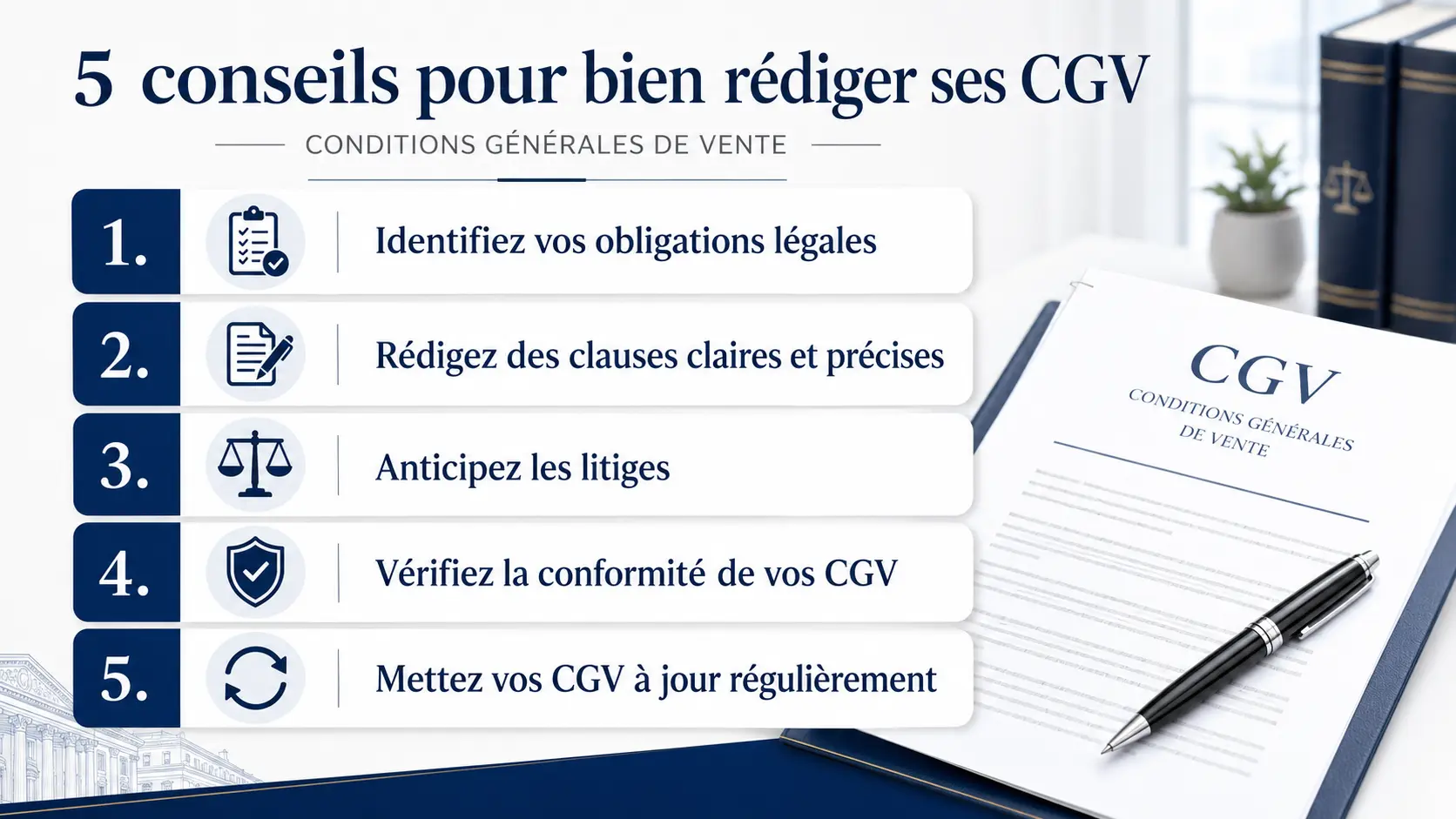 Infographie présentant 5 conseils pour bien rédiger des conditions générales de vente