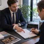 Avocat présentant une promesse de cession avec condition suspensive de prêt à un client