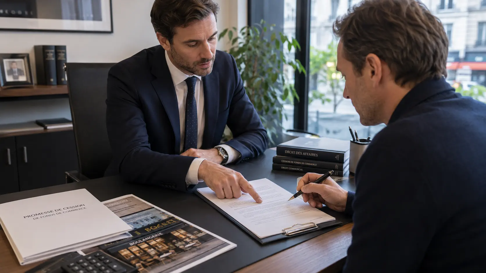 Avocat présentant une promesse de cession avec condition suspensive de prêt à un client