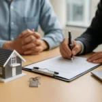 signature avec une petite maison sur une table