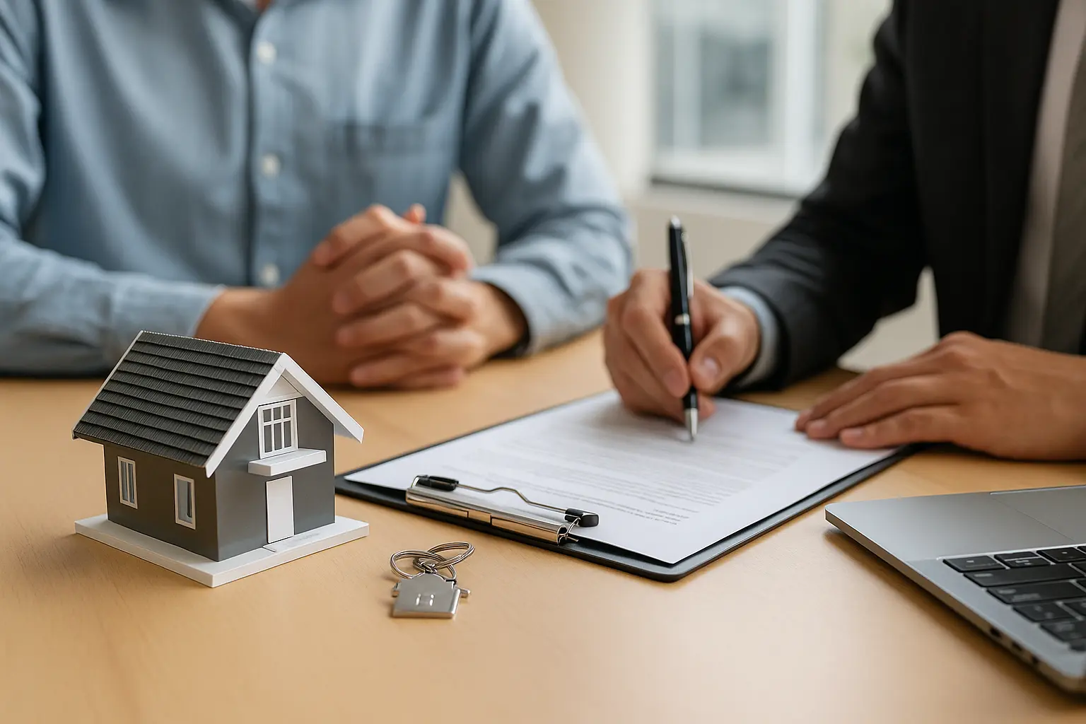 signature avec une petite maison sur une table