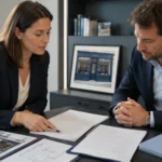 Avocat examinant un bail commercial avec un client avant la cession d’un fonds de commerce