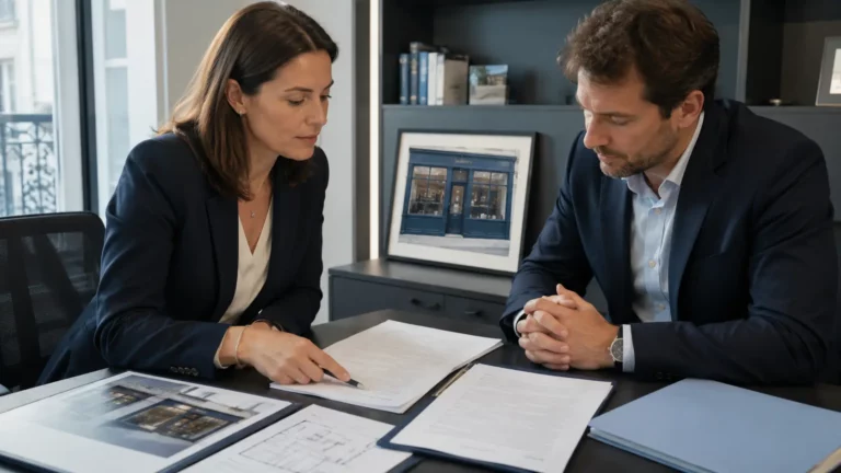 Avocat examinant un bail commercial avec un client avant la cession d’un fonds de commerce