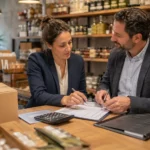 Une femme et un homme dans un commerce faisant une liste