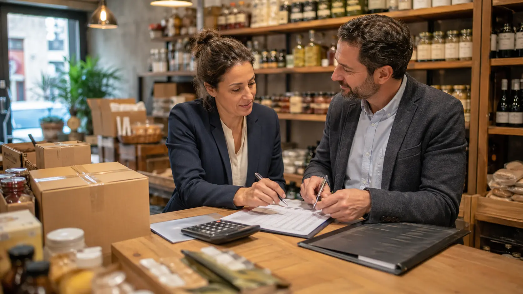 Une femme et un homme dans un commerce faisant une liste