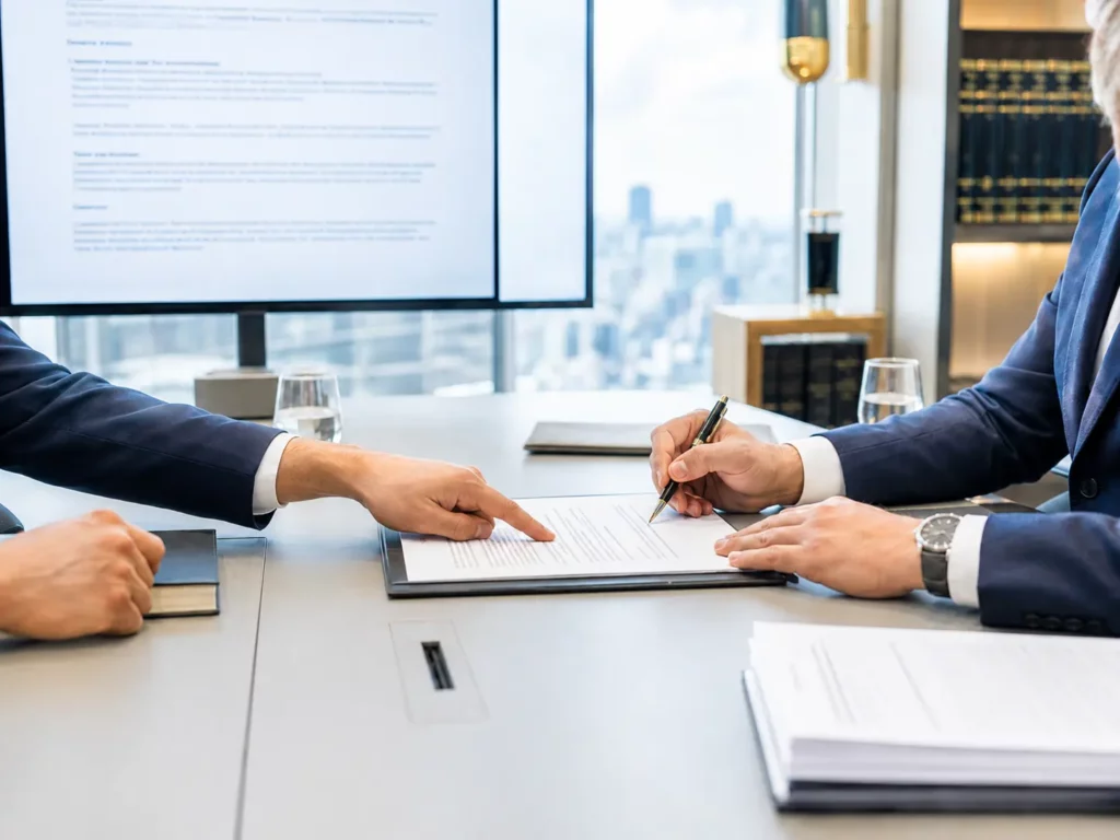 Personnes en costume relisant et signant un contrat commercial dans un bureau professionnel