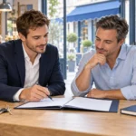 Deux associés étudient un dossier d’achat de fonds de commerce, avec les clés du commerce posées sur la table.