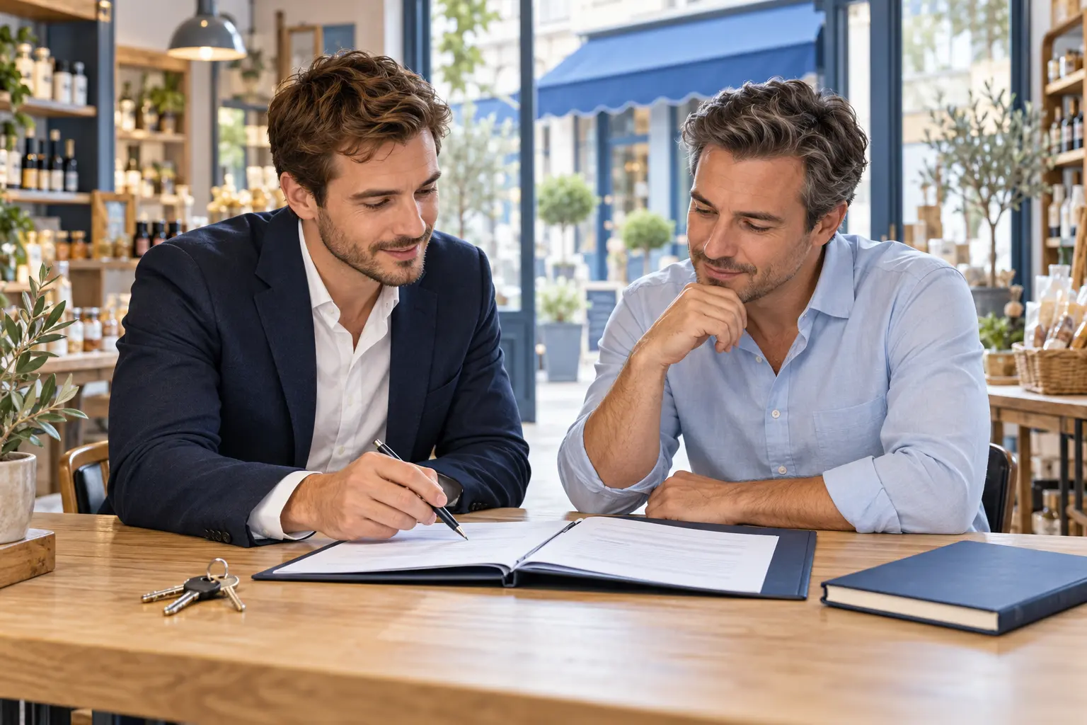 Deux associés étudient un dossier d’achat de fonds de commerce, avec les clés du commerce posées sur la table.