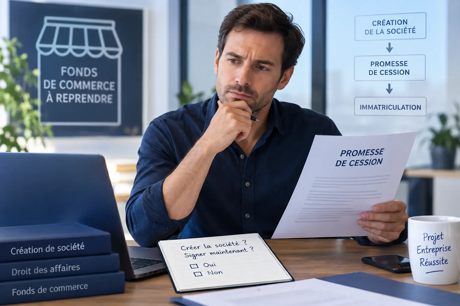 Entrepreneur préparant l’achat d’un fonds de commerce avant la création de sa société
