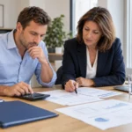 Un entrepreneur et une conseillère examinent les comptes d’un commerce, avec des documents financiers et une calculatrice.